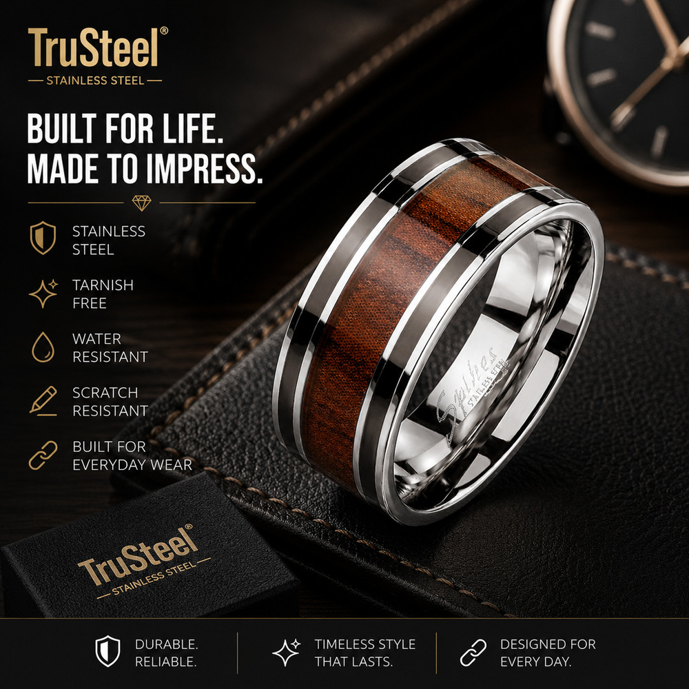 Men’s 316L Stainless Steel Ring Wood Band Comfort Fit Silver Black 8mm Size 9